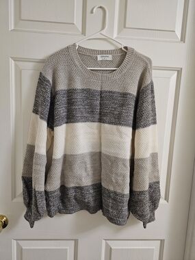 Zenana Outfitters Striped Crewneck Sweater - Gray, Cream, Taupe